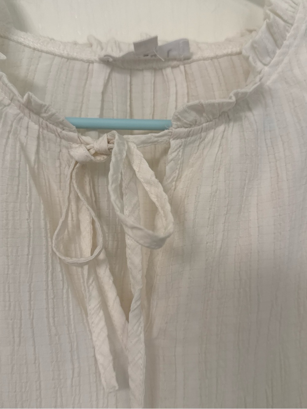 THML White Textured V-Neck Blouse with Tie Detail